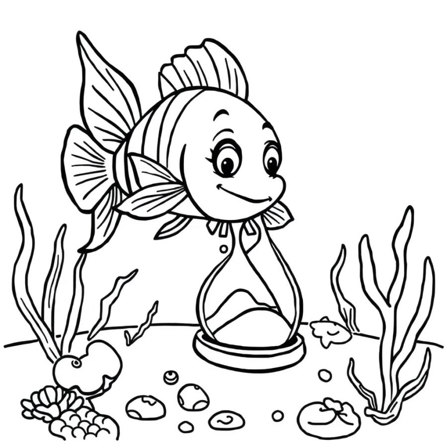 Angelfish Looking At A Sand Hourglass On The Seabed Coloring Page