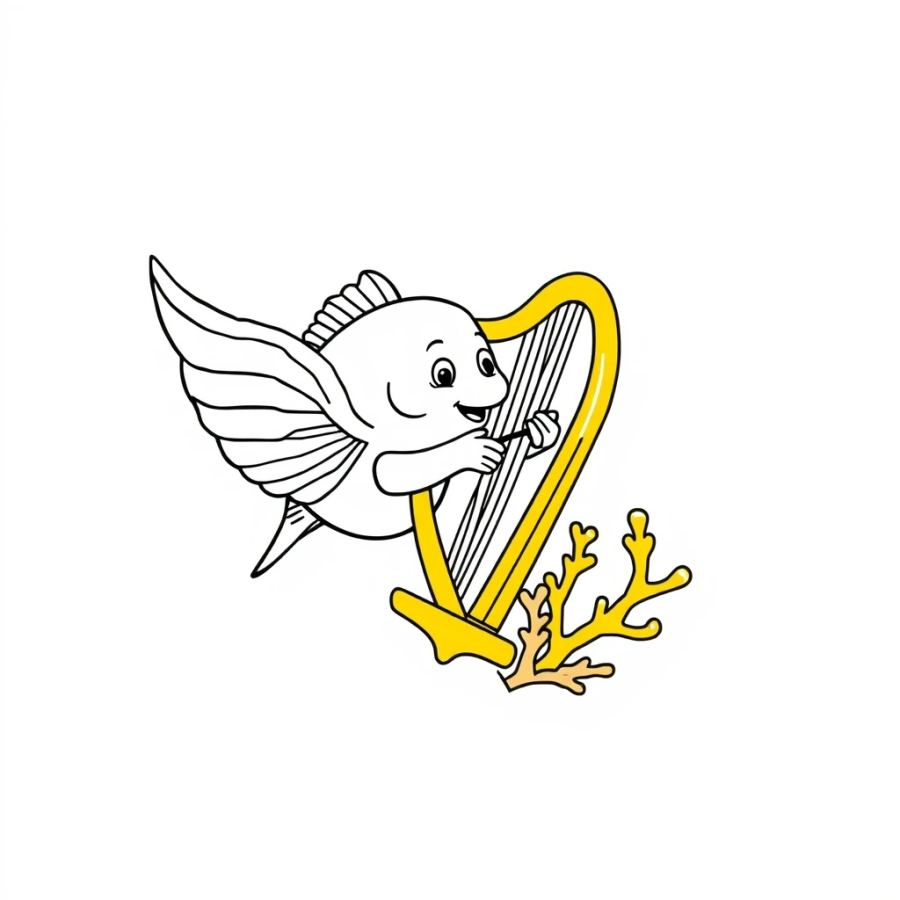 Angelfish Playing A Golden Harp Made Of Coral Coloring Page