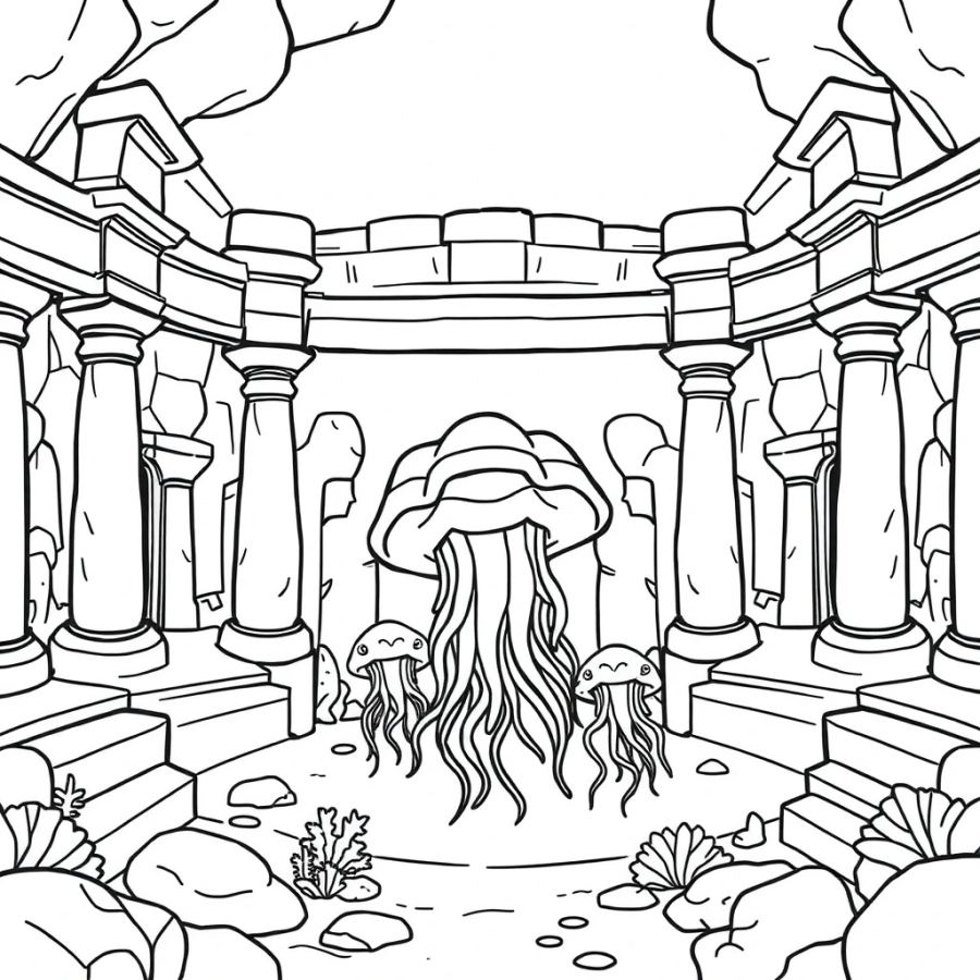 Jellyfish Family Making A Home In An Ancient Temple Amphitheater Coloring Page