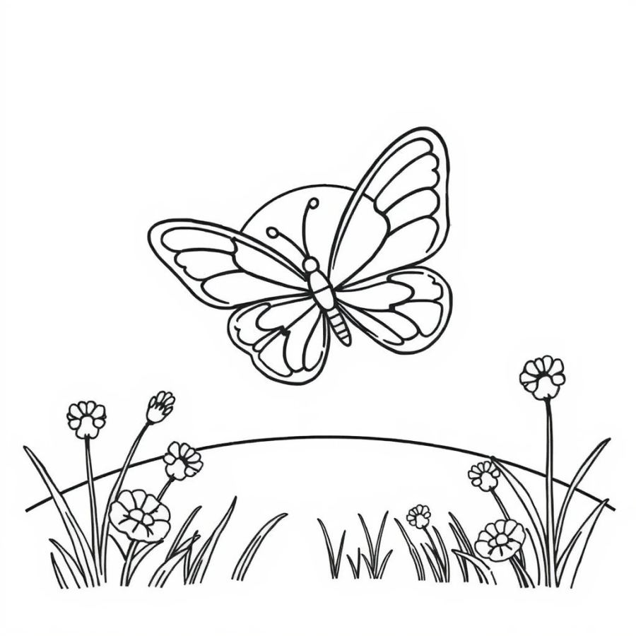 Butterfly Flying Toward A Bright Sunrise Coloring Page