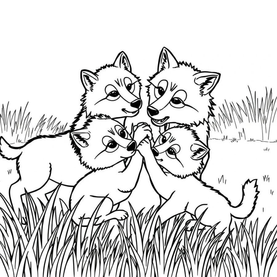Wolf Pups Wrestling In The Grass Coloring Page