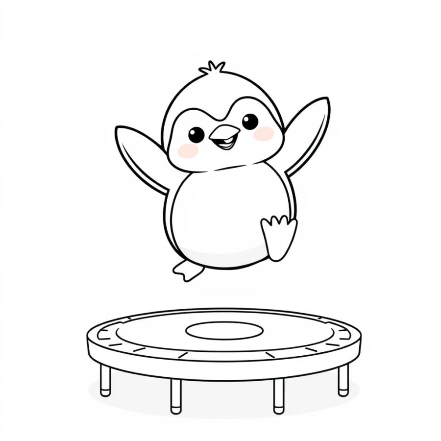 Penguin Jumping On Trampoline Coloring Page