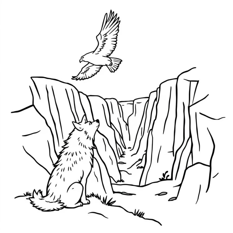 Wolf Watching A Hawk Soar Through A Canyon Coloring Page