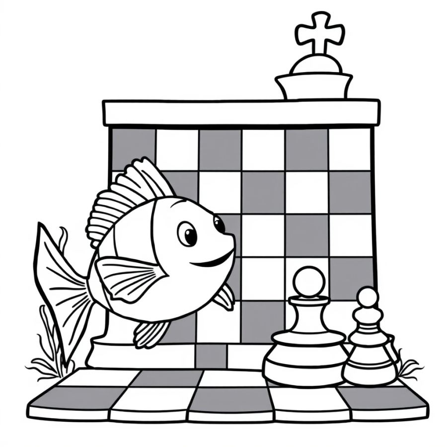 Angelfish Resting Next To A Giant Checkered Chess Board Coloring Page