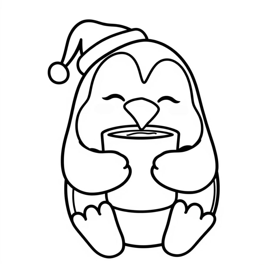 Penguin Drinking Hot Cocoa Coloring Page