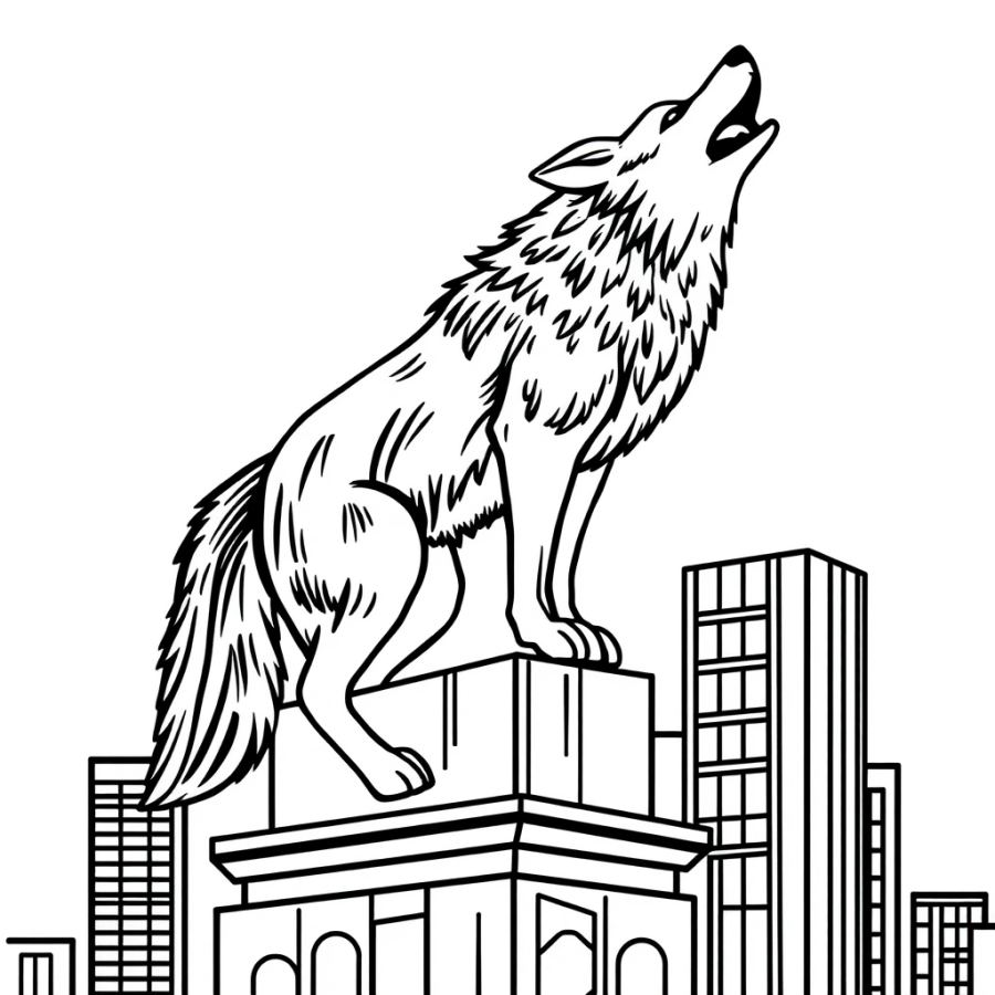 Wolf Howling On Top Of A Skyscrapers Helipad Coloring Page