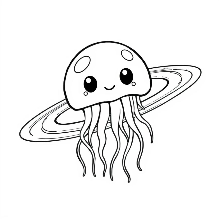 Jellyfish Floating Past A Rings Of Saturn Coloring Page