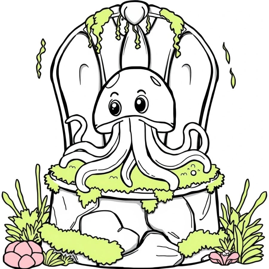 Jellyfish Resting On A Moss-Covered Stone Throne Coloring Page