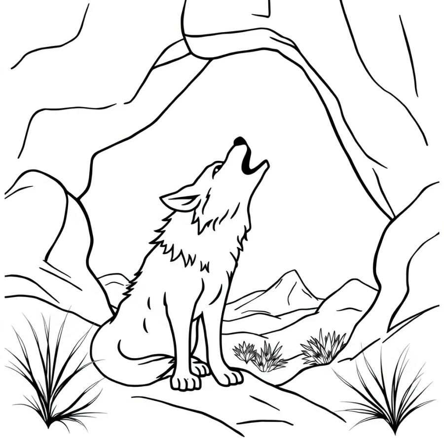 Wolf Howling From A Red Rock Desert Arch Coloring Page