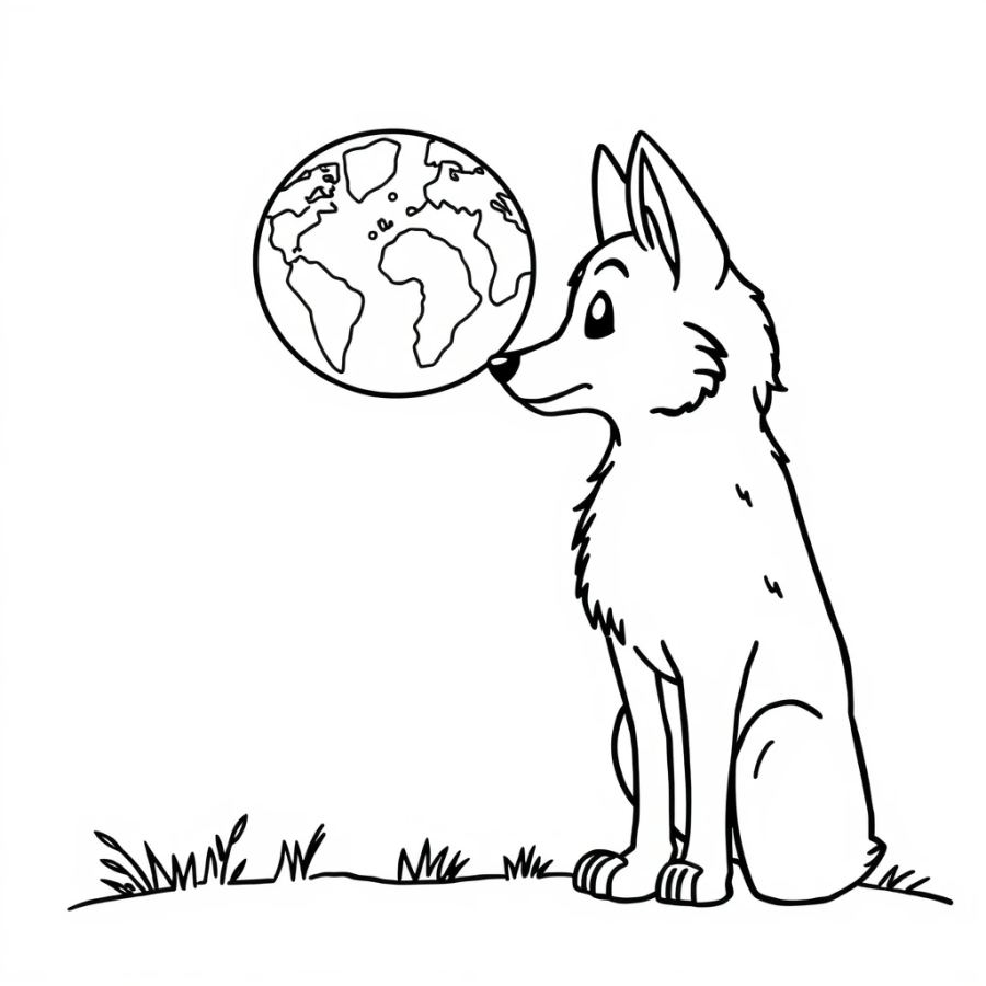 Wolf Looking At A Floating Holographic Map Coloring Page
