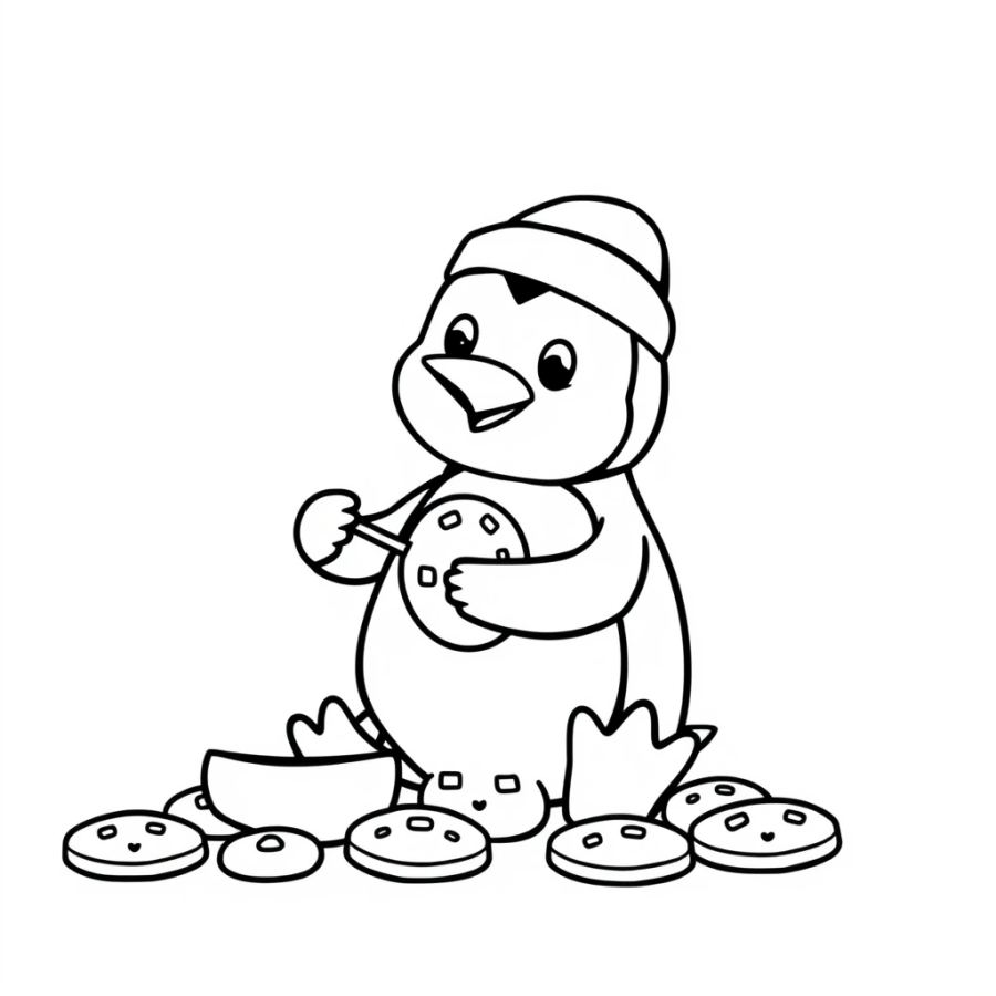 Penguin Baking Cookies Coloring Page
