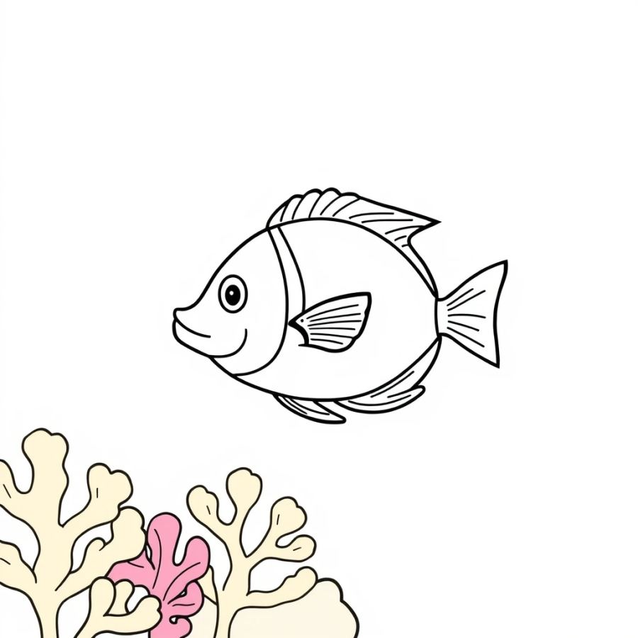 Tropical Fish Casting A Tiny Shadow On A Bright Coral Wall Coloring Page