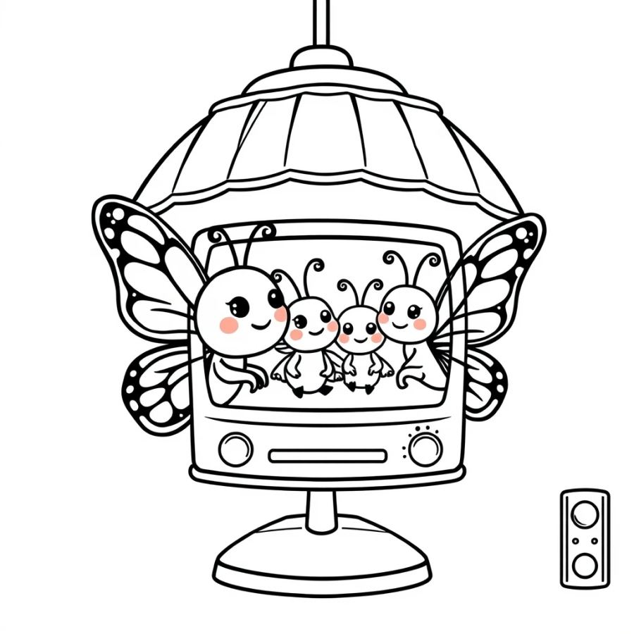 Butterfly Family Watching Tv From A Lampshade Coloring Page