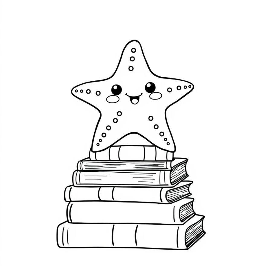 Starfish Balancing On Top Of A Stack Of Old Books Coloring Page