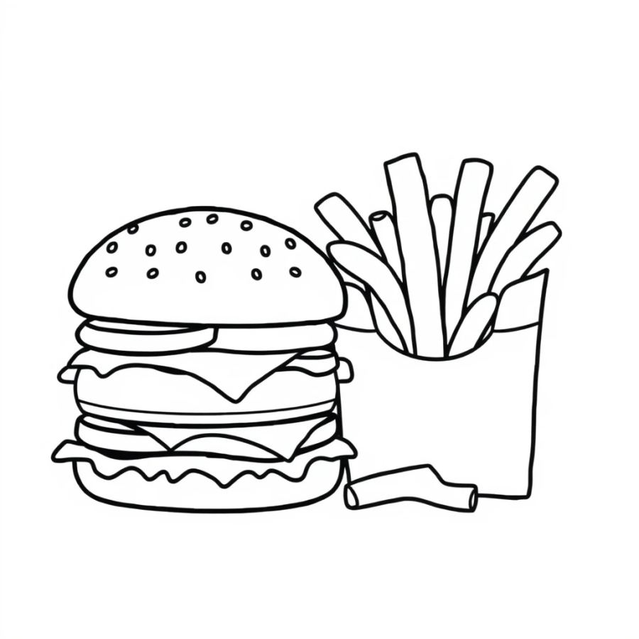 Burger Next To Potato Chips Coloring Page