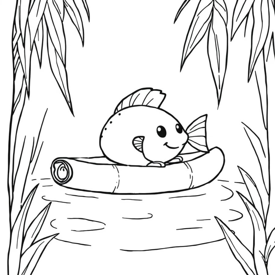 Tropical Fish Resting Inside A Hollow Bamboo Raft Coloring Page