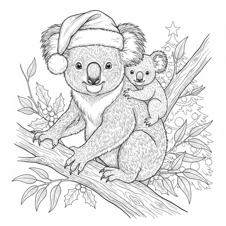Christmas Koala (Santa Hat) Coloring Page