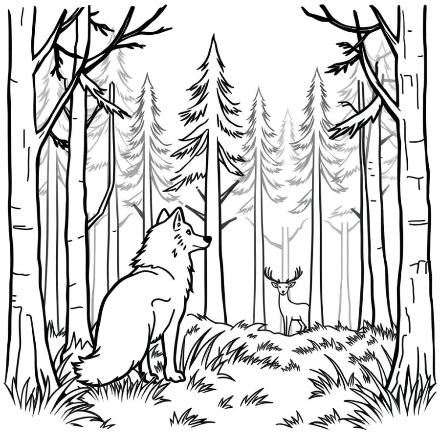 Wolf Watching Deer From The Forest Shadows Coloring Page