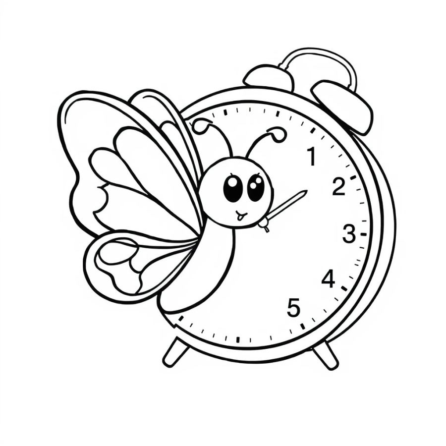 Butterfly Disturbed By A Loud Alarm Clock Coloring Page