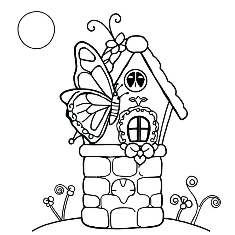 Butterfly Resting On A Gingerbread House Chimney Coloring Page