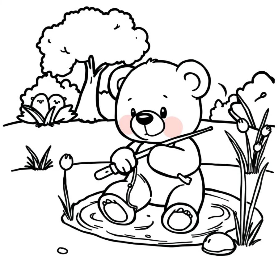 Cute Teddy Bear Fishing in a Pond Coloring Page