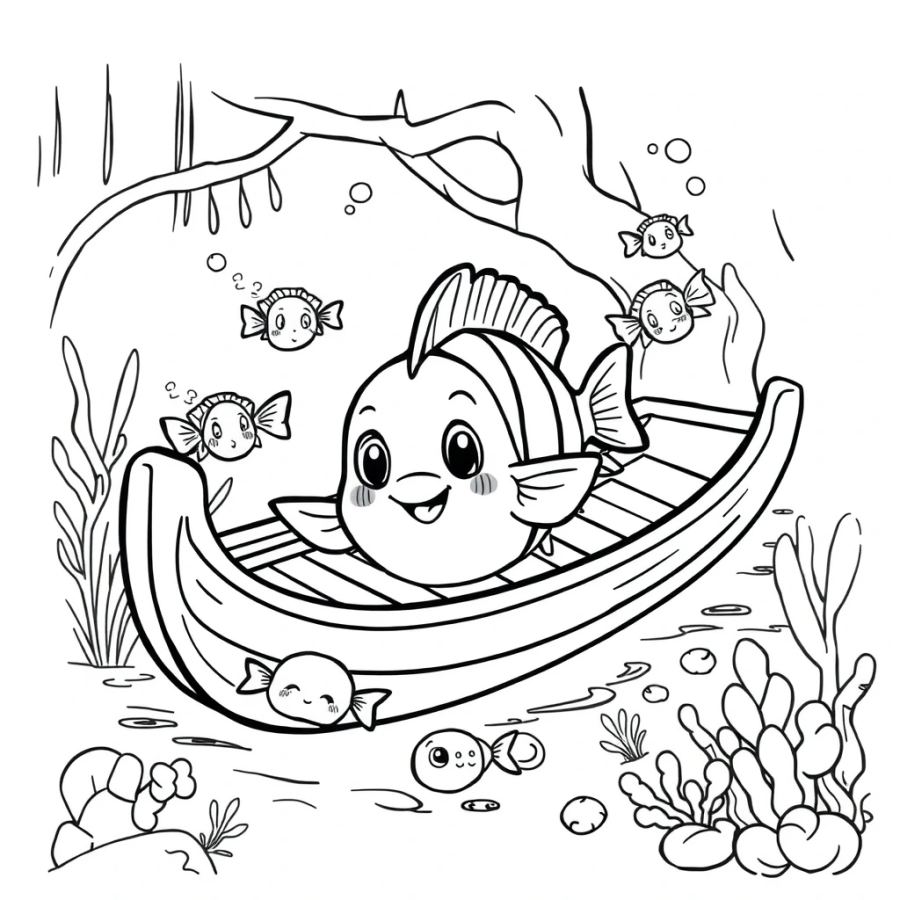 Tropical Fish Darting Around A Sunken Wooden Canoe Coloring Page