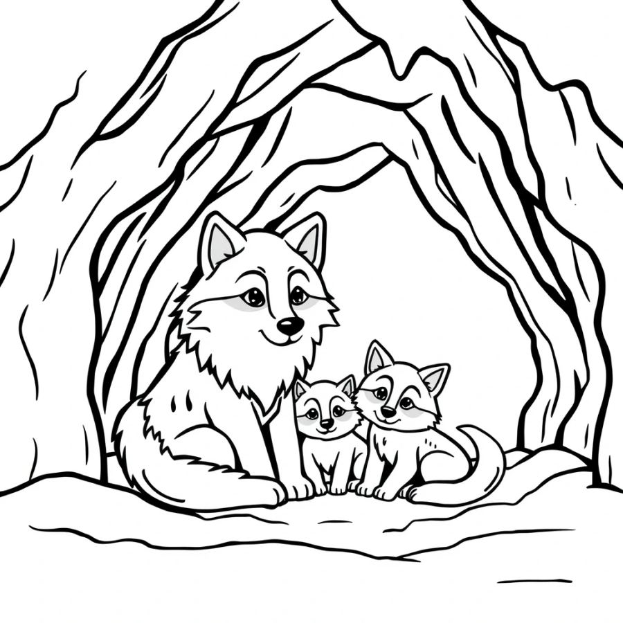 Wolf Family Cuddled Inside An Icy Den Coloring Page