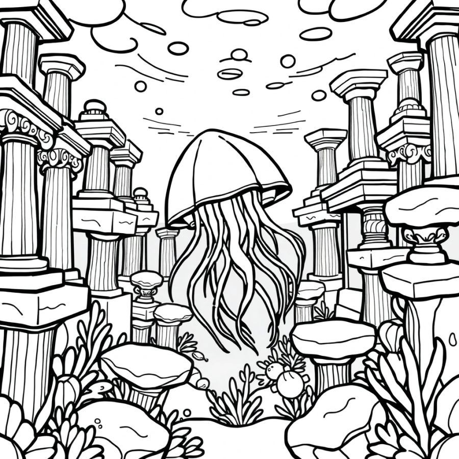 Jellyfish Weaving Through A Maze Of Sunken Marble Statues Coloring Page