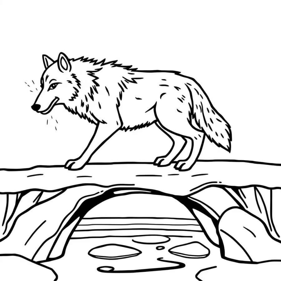 Wolf Crossing A Frozen Ice Bridge Coloring Page