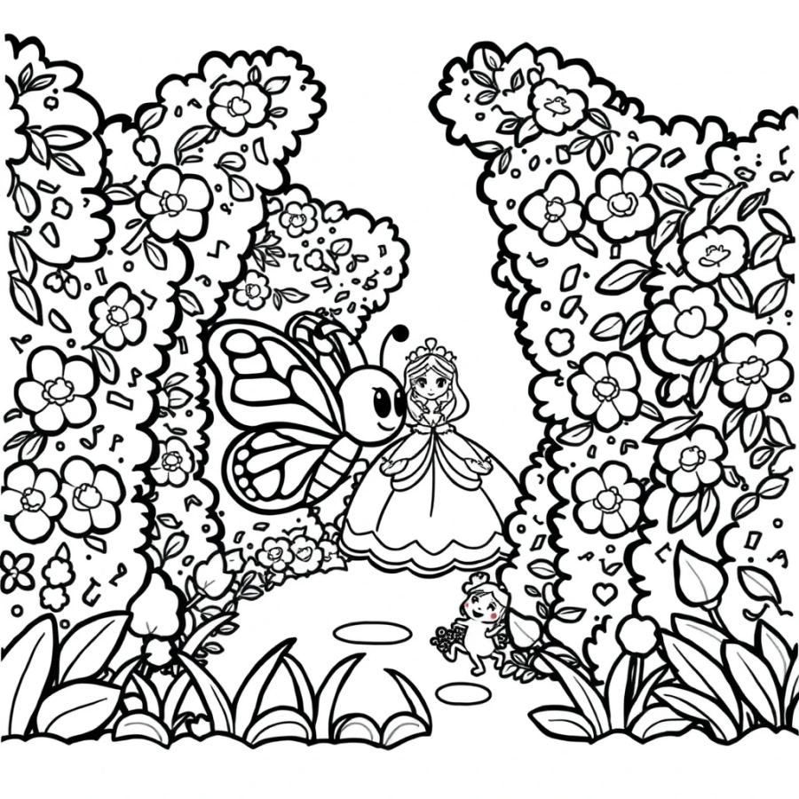 Butterfly Leading A Princess Through A Secret Hedge Maze Coloring Page