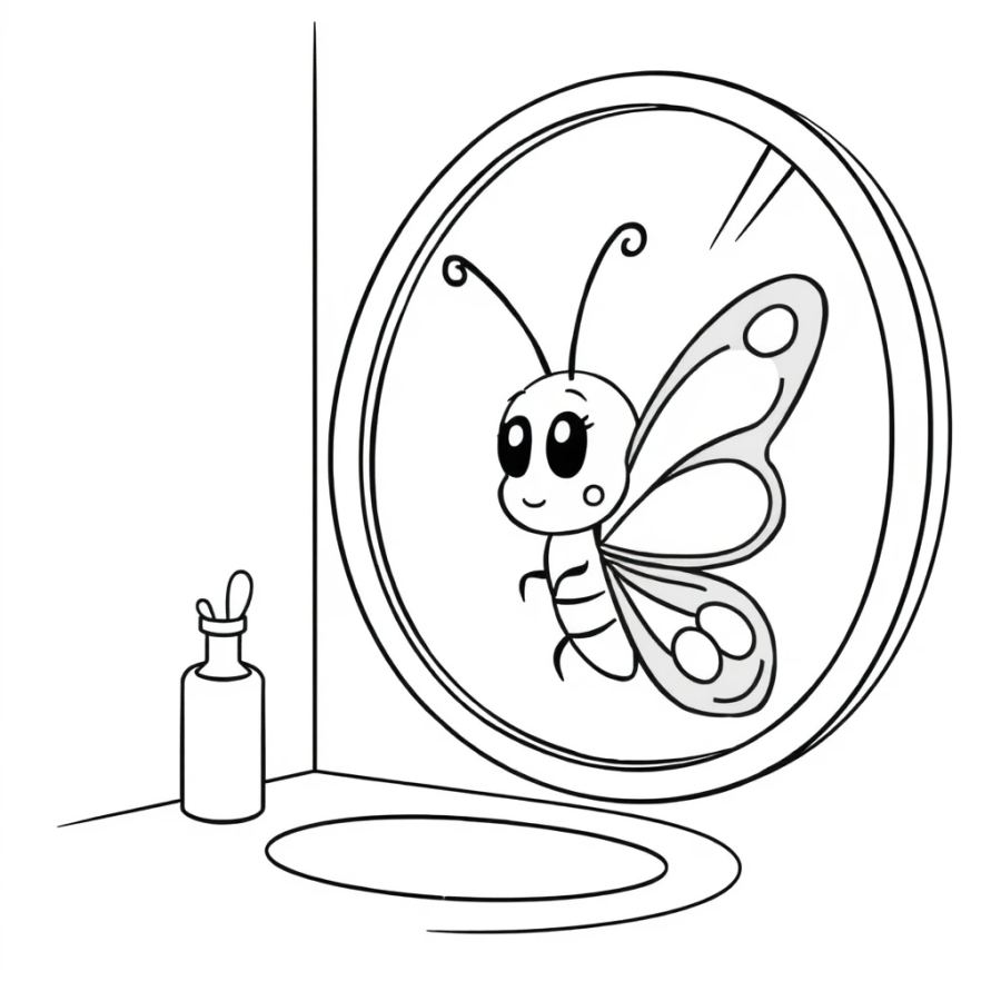 Butterfly Examining Its Reflection In A Bathroom Mirror Coloring Page