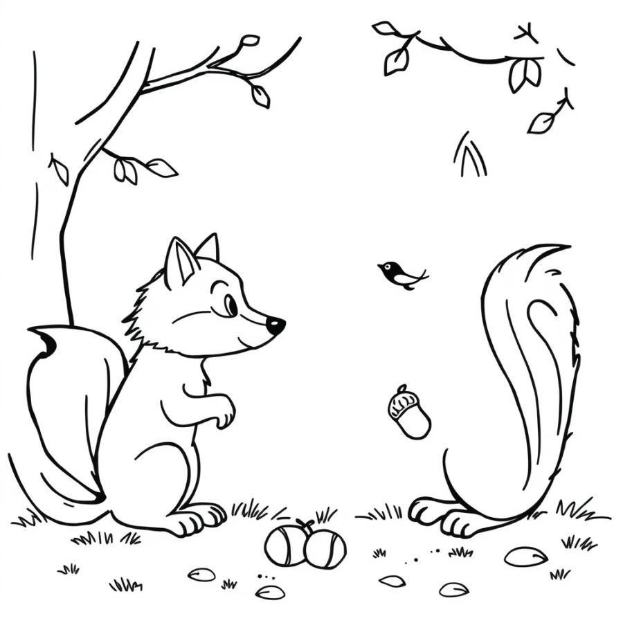 Wolf Watching A Squirrel Gather Acorns Coloring Page