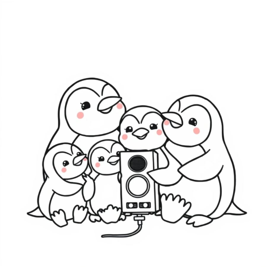 Penguin Family Listening To Radio Coloring Page