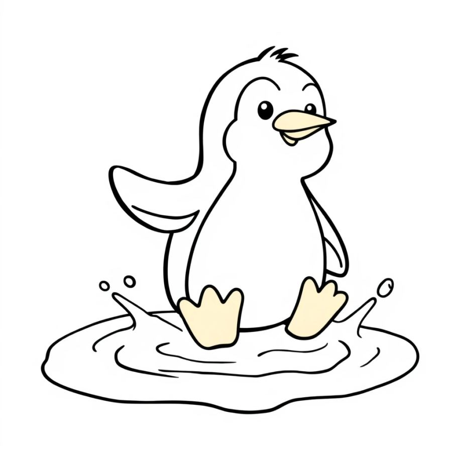 Penguin Splashing In Puddle Coloring Page