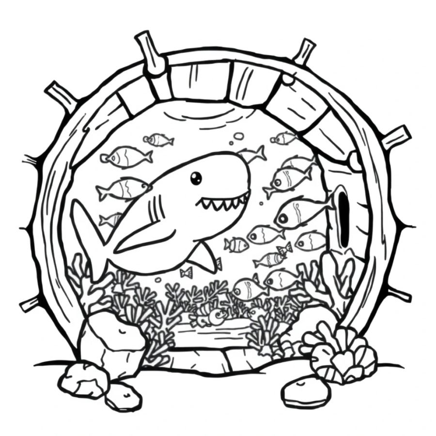 Shark Watching A Schools Of Fish In A Shipwreck Cabin Coloring Page