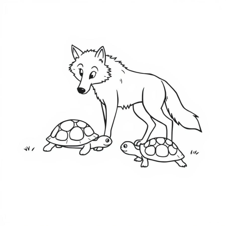 Wolf Watching A Turtle Crawl Past Coloring Page