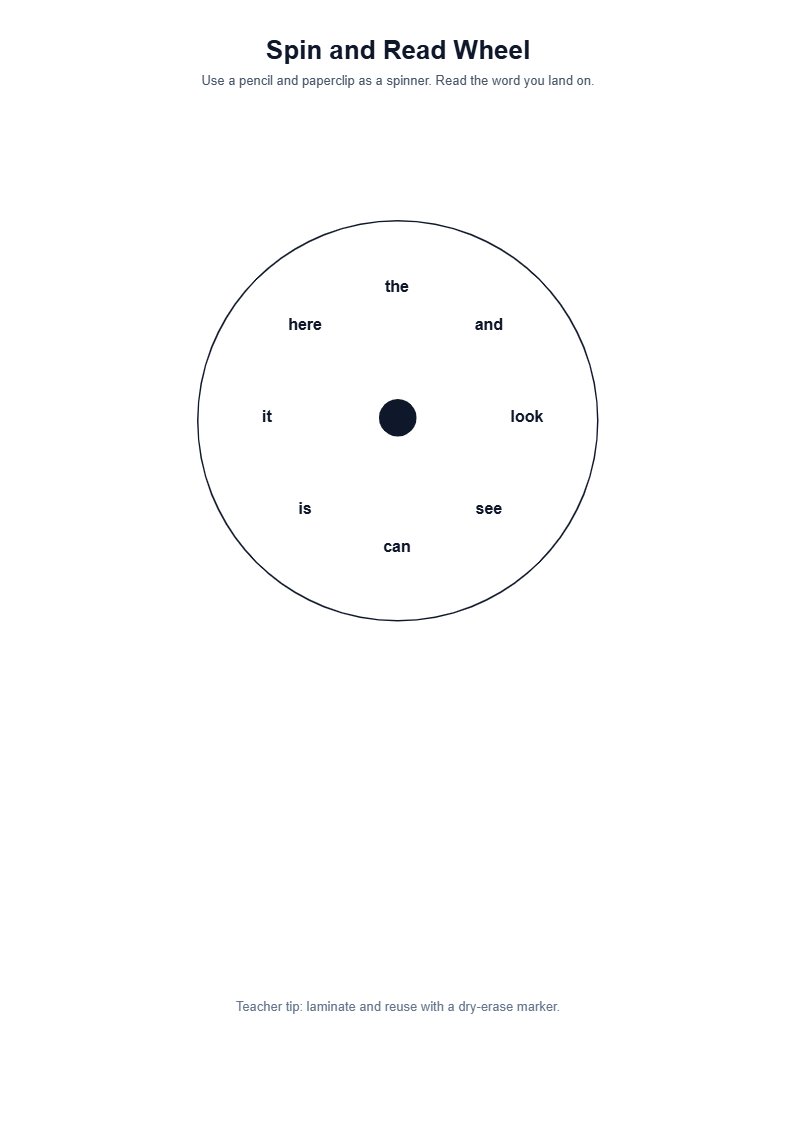 Sight Word Spin and Read Wheel — free printable template preview