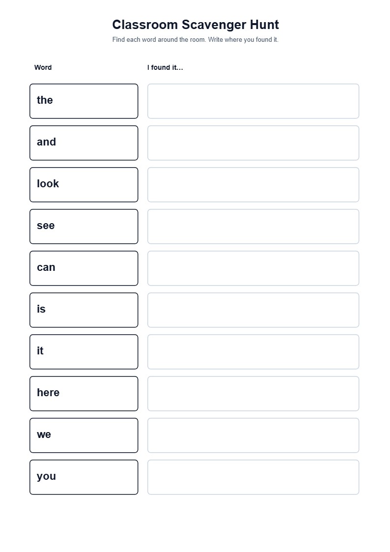 Sight Word Classroom Scavenger Hunt — free printable template preview