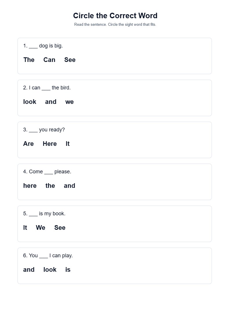 Circle the Correct Sight Word — free printable template preview