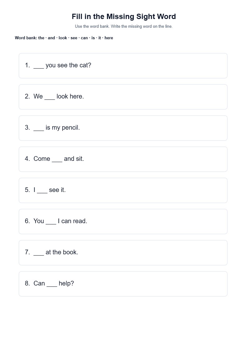 Fill in the Missing Sight Word — free printable template preview