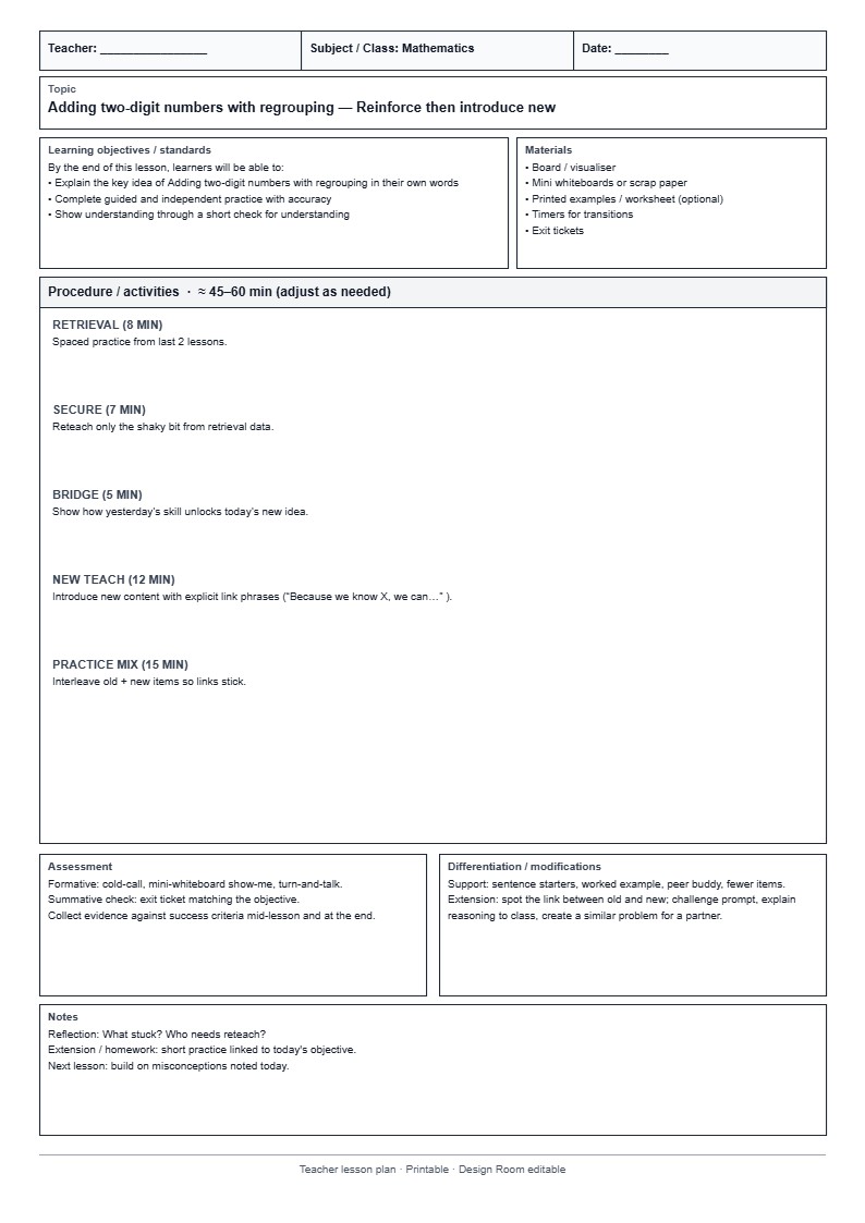 Lesson Plan 27: Reinforce then introduce new