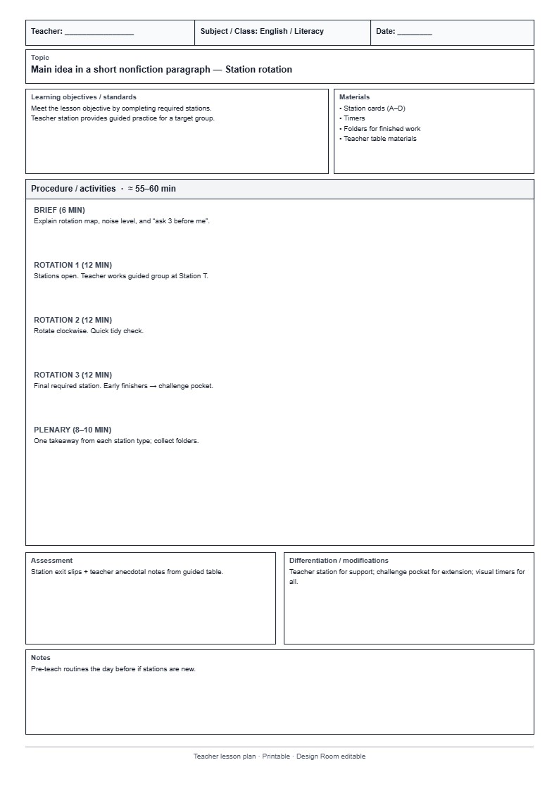 Lesson Plan 31: Task Stations / Learning Centres