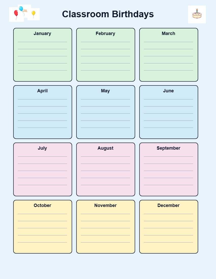 Monthly Classroom Birthday Chart