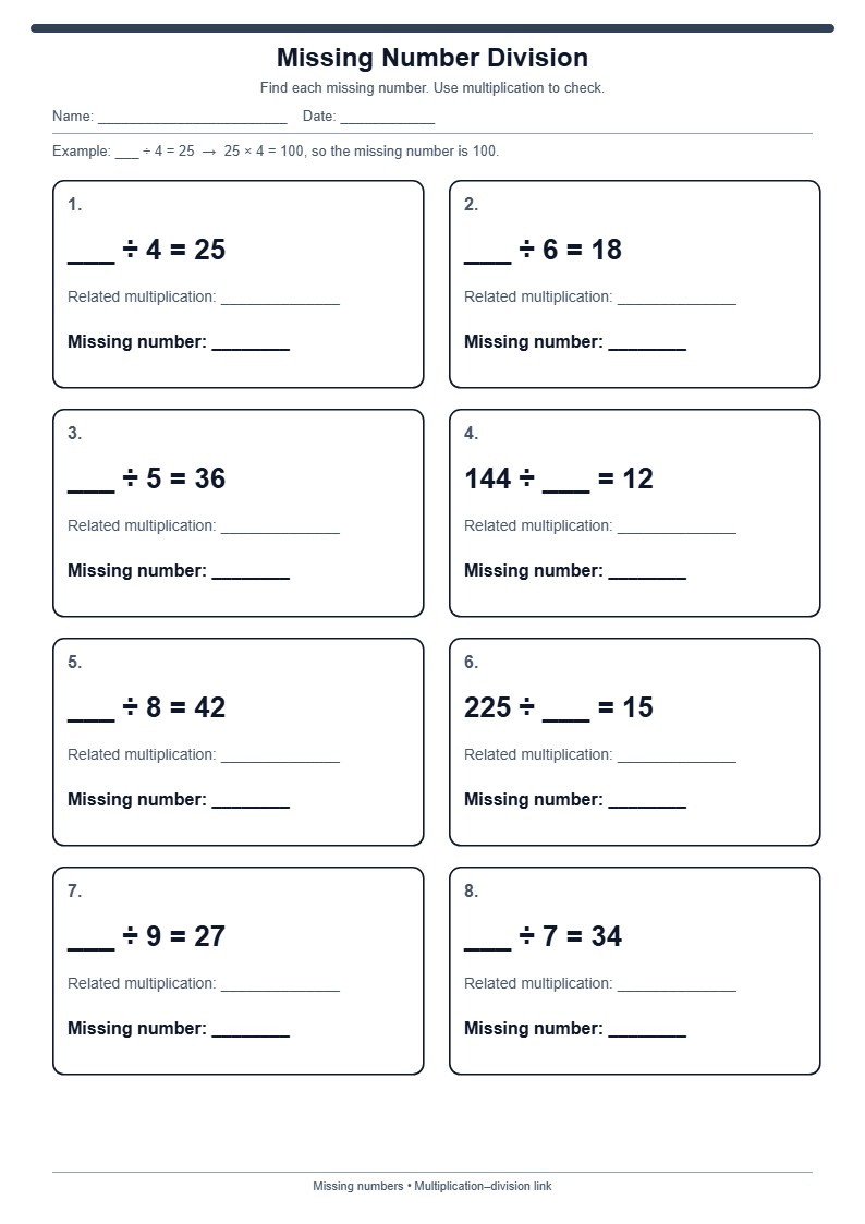 Missing Number Division Worksheet