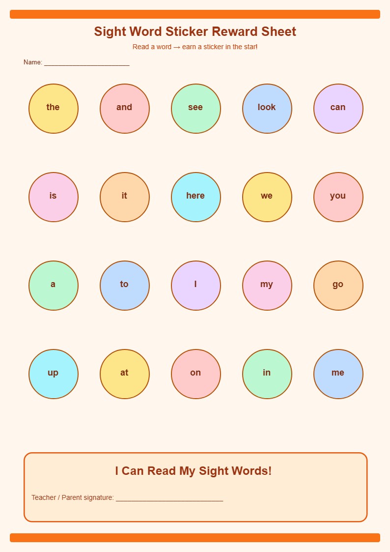 Sight Word Sticker Reward Sheet