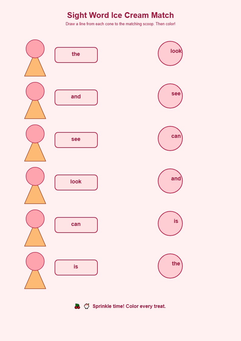 Sight Word Ice Cream Match