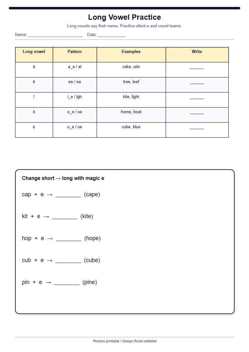 Long Vowel Practice — free printable template preview