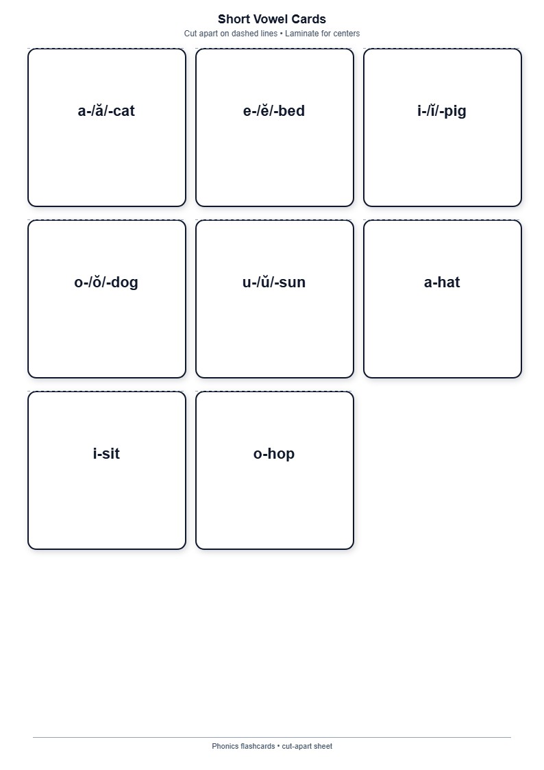 Short Vowel Cards — free printable template preview