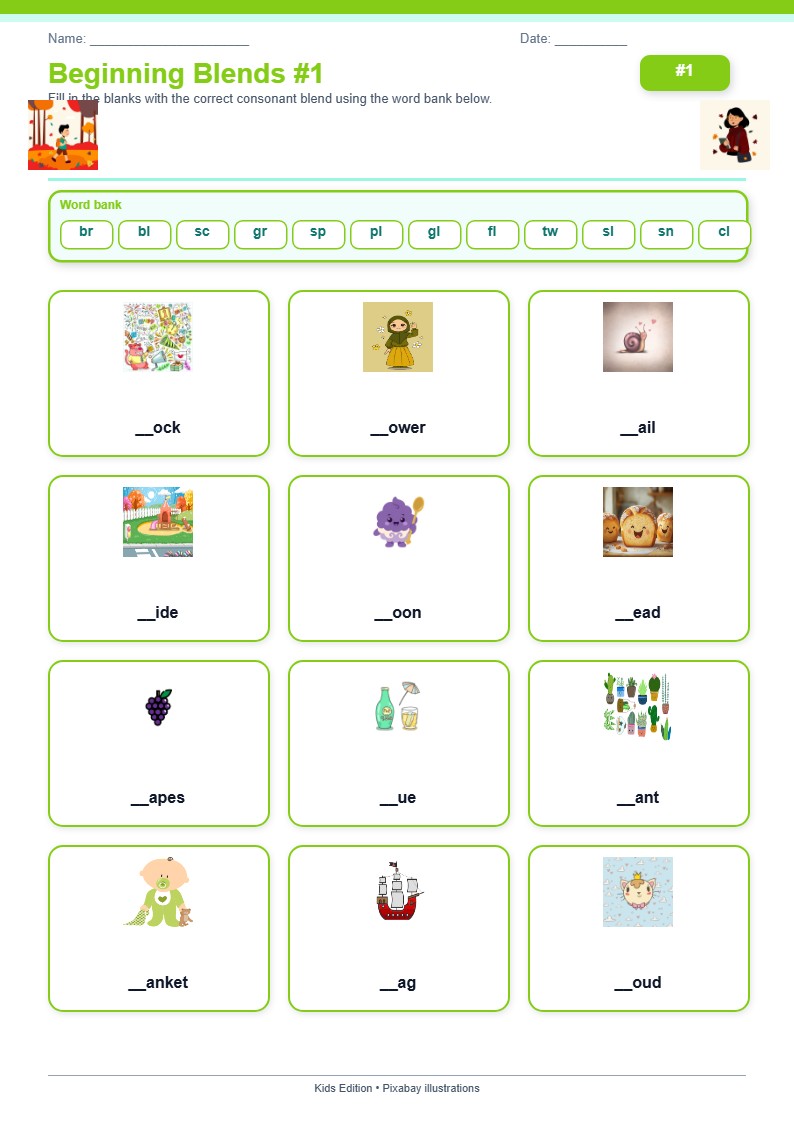 Beginning Blends #1 (Kids) — free printable template preview