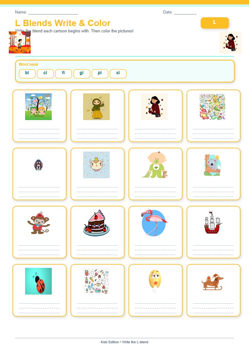 L Blends Write & Color — free printable template preview